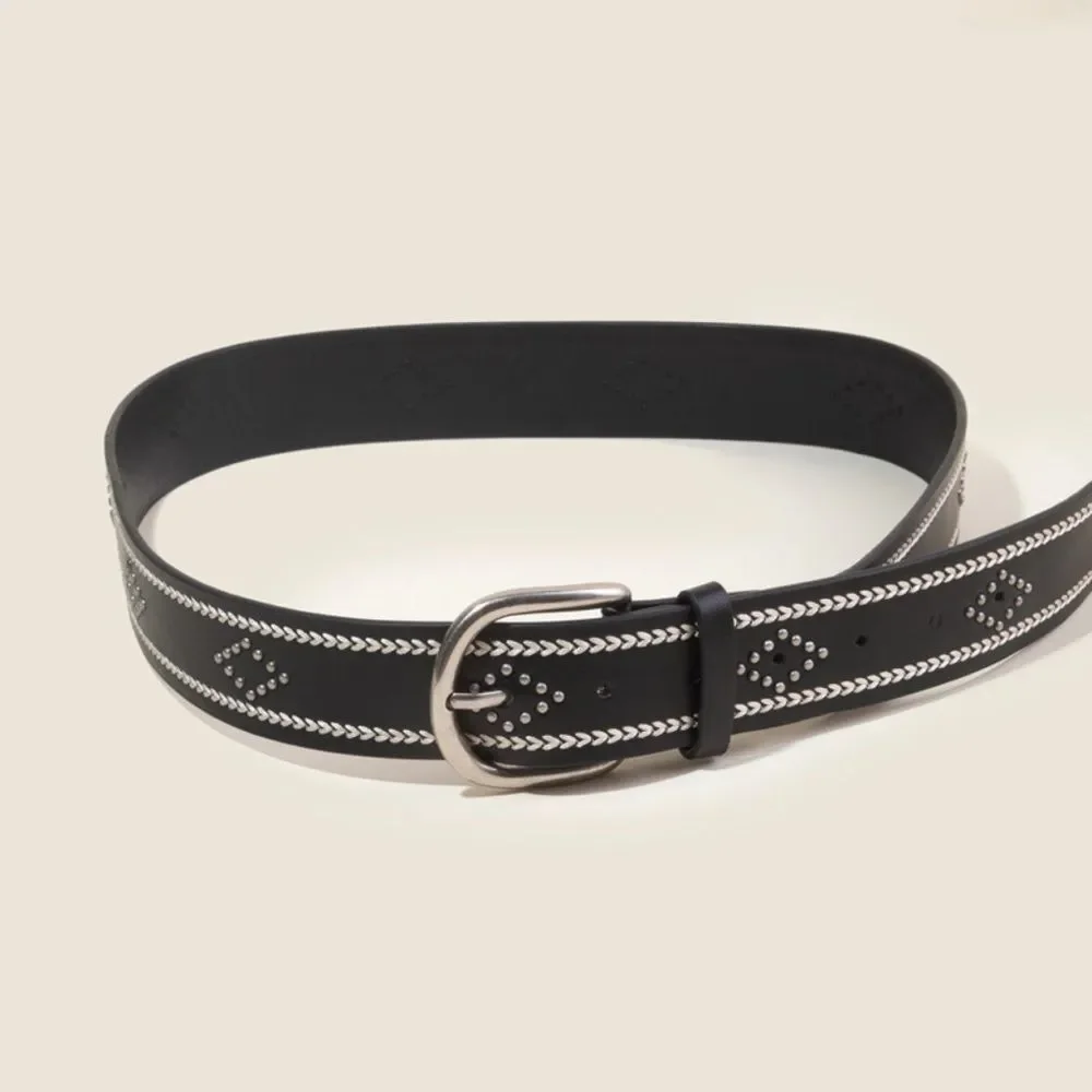NEW Western Heart Pattern Studded Boho Vegan Leather Belt Black